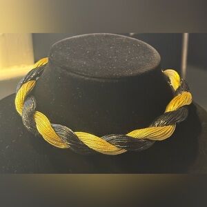 VALERIE PEYTON HORN Twisted Thread Wrap Two-Tone Black & Gold Statement Necklace
